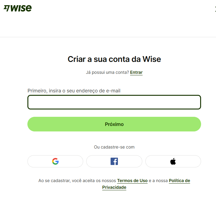 Criação de conta Wise
