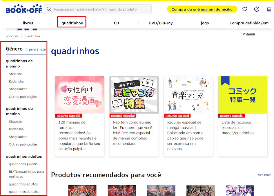 Pesquisa de mangás no site oficial do BookOff