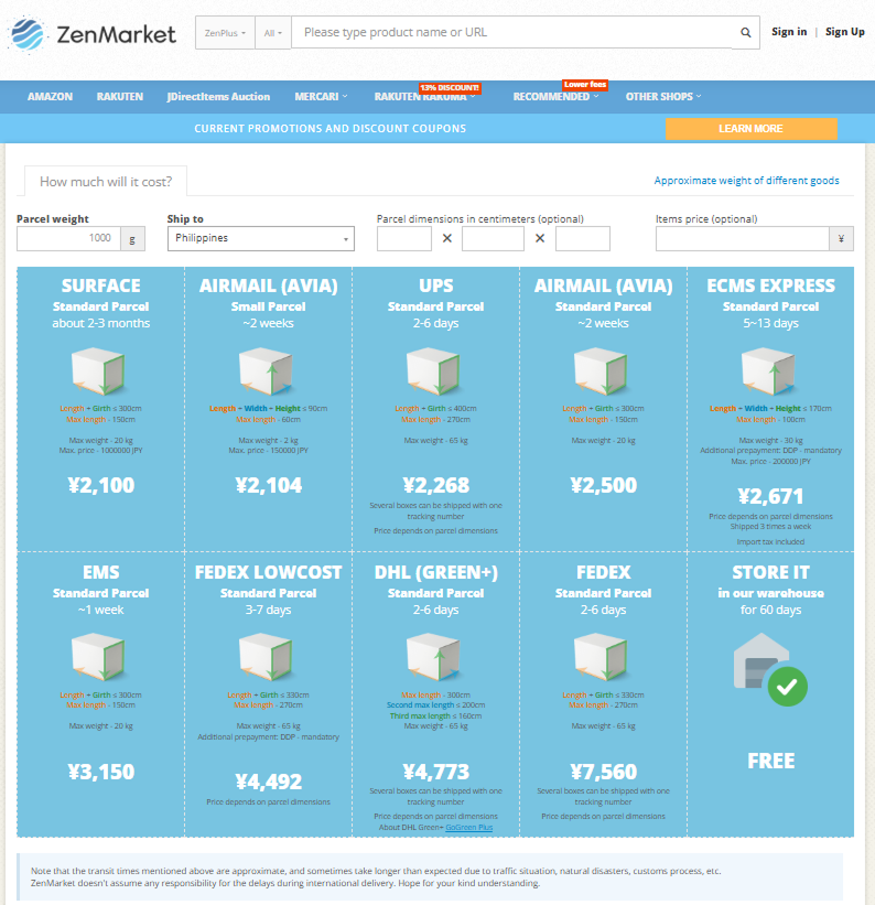 ZenMarket&rsquo;s Shipping Calculator showing pertinent shipping details. Screenshot courtesy of ZenMarket.