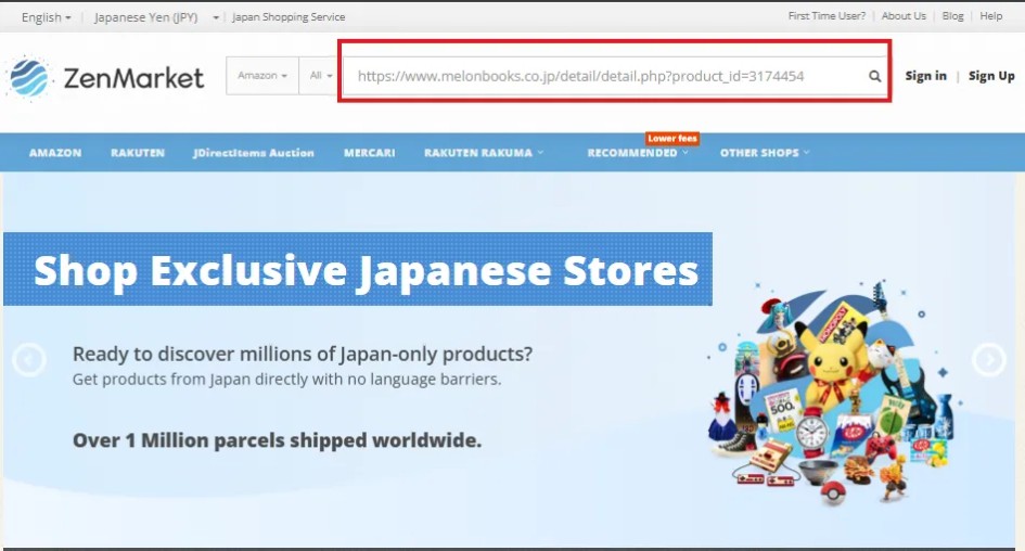 Copier et coller l'URL d'un produit Melonbooks dans la barre de recherche ZenMarket