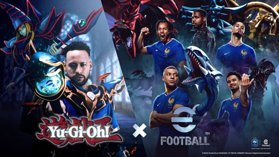  Visuel promotionnel de la collaboration Yu-Gi-Oh! x eFootball avec plusieurs joueurs de l&rsquo;&eacute;quipe de France associ&eacute;s aux monstres embl&eacute;matiques de la franchise