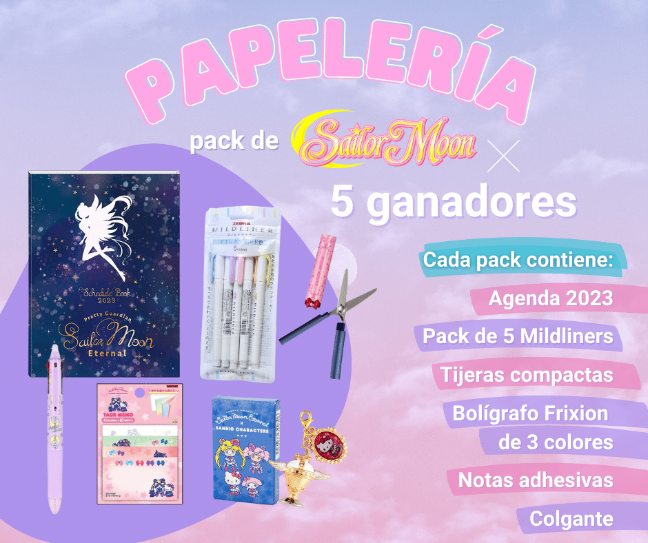 Pack de papeleria Sailor Moon con agenda, subrayadores, tijeras, boligrafo, notas adhesivas, y colgante