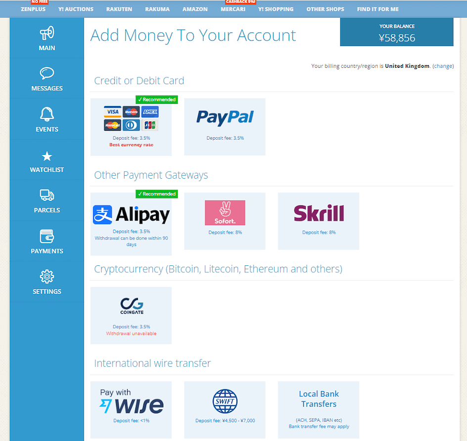 Zenmarket UK Payment methods