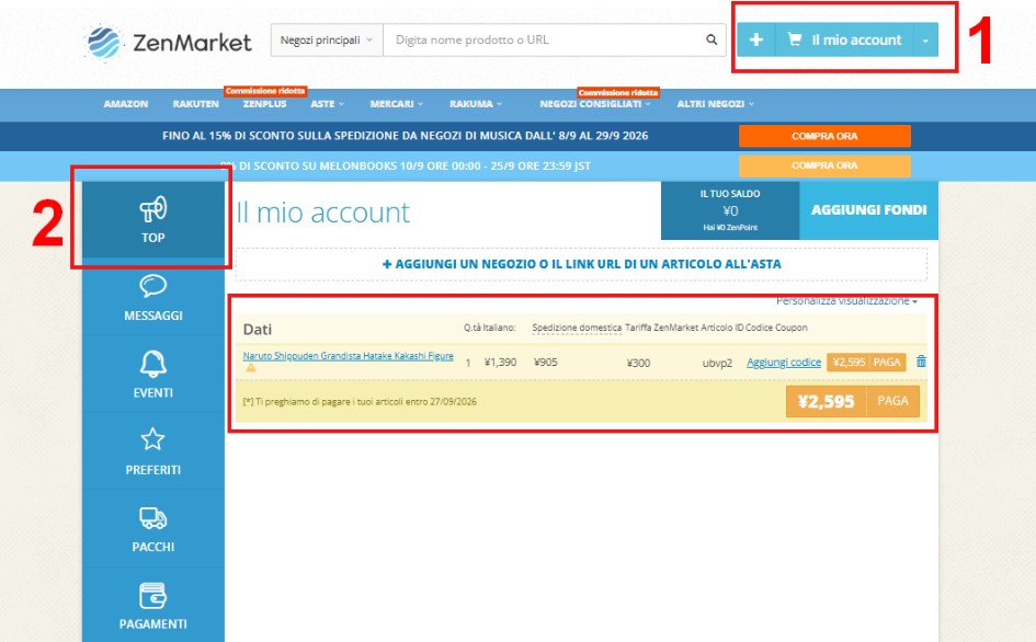 Menu il mio account su ZenMarket
