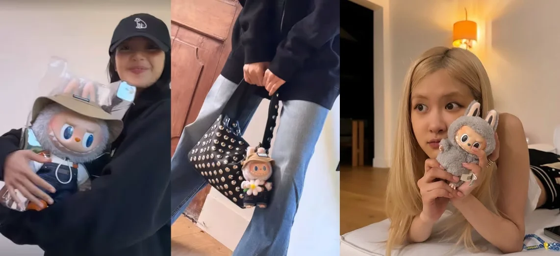 Labubu pictured with BLACKPINK's Lisa and Rose