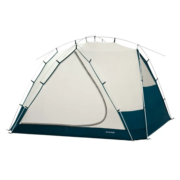 Tente Moon Light de Montbell, mod&egrave;le d&ocirc;me 4 saisons beige et vert avec arceaux crois&eacute;s et entr&eacute;e lat&eacute;rale zipp&eacute;e