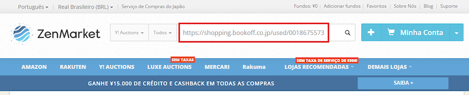 Colando o link do BookOff no site da ZenMarket