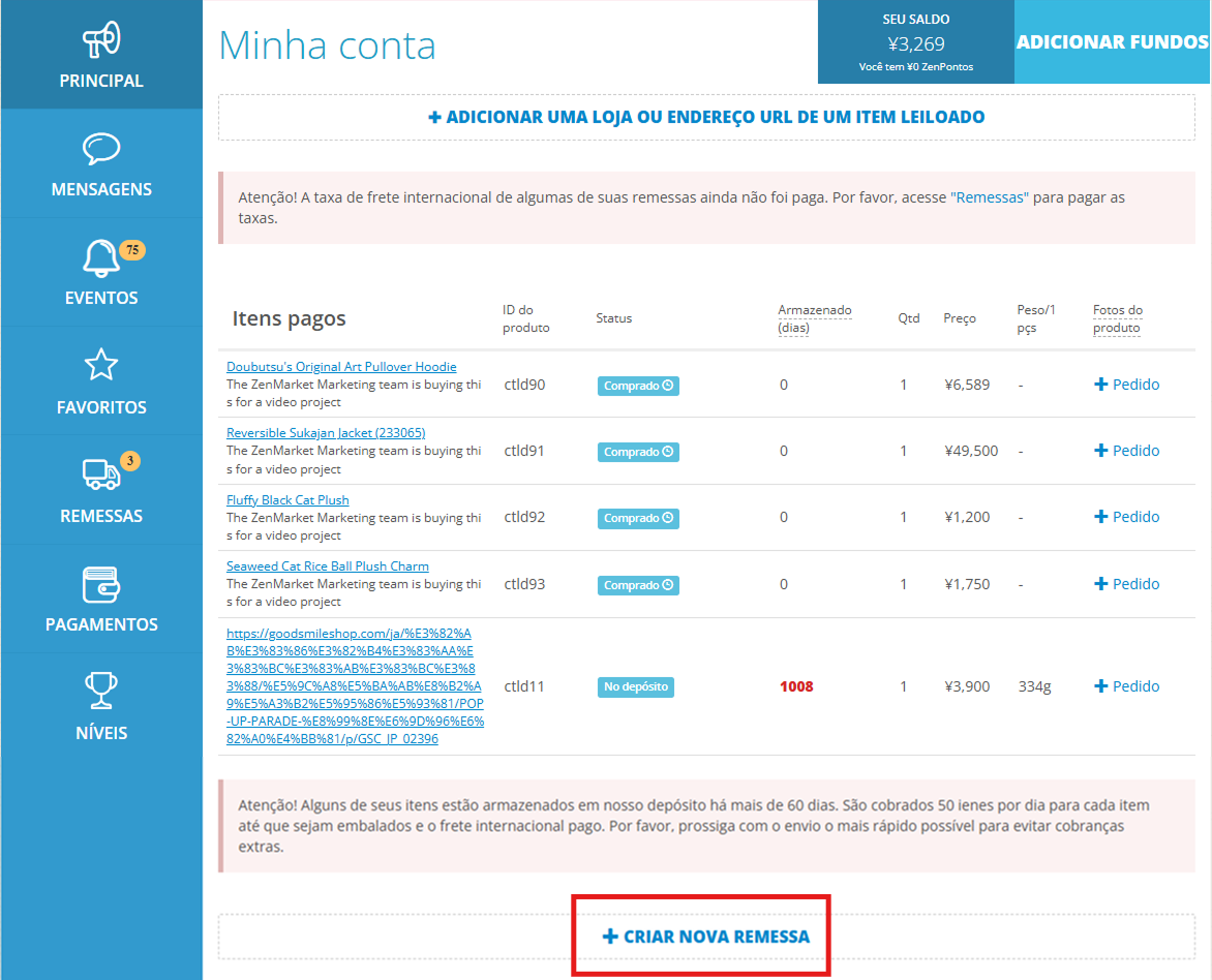Aba principal da conta ZenMarket com o botão Criar um pacote destacado