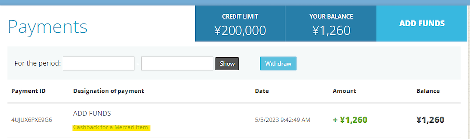 screenshot of cashback in ZenMarket account