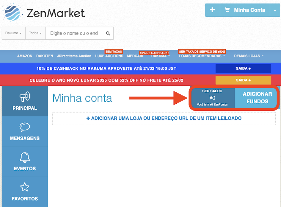 adicionando fundos na zenmarket