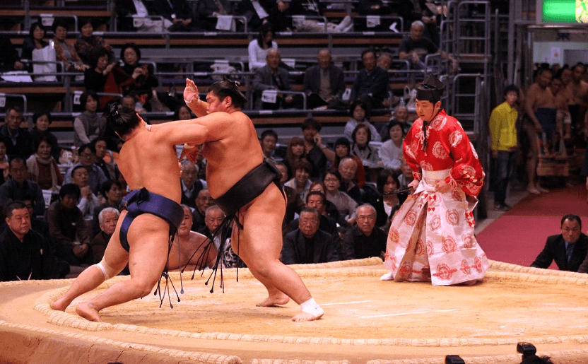 Sumo wrestlers inside the ring