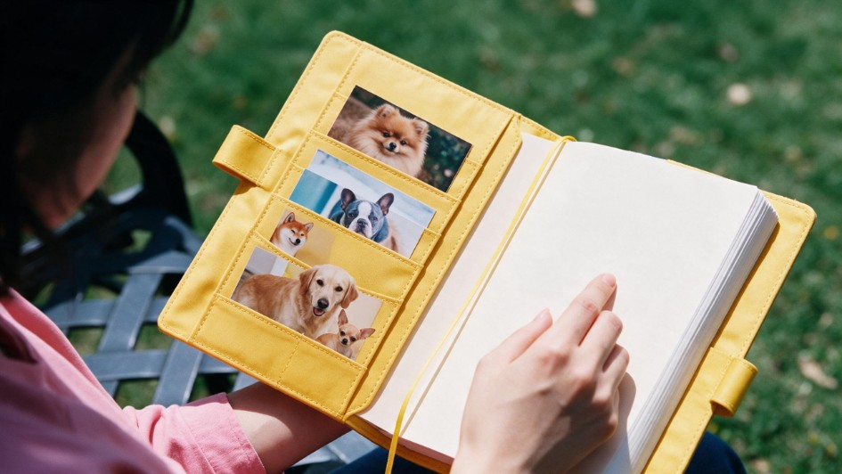 Over-the-shoulder view of a person holding an open yellow Hobonichi Techo planner outdoors. The left inside cover pockets hold photos of dogs to show how different Hobonichi sizes can be personalized, while the blank right page reflects the core Hobonichi meaning of creating a daily canvas for your life.