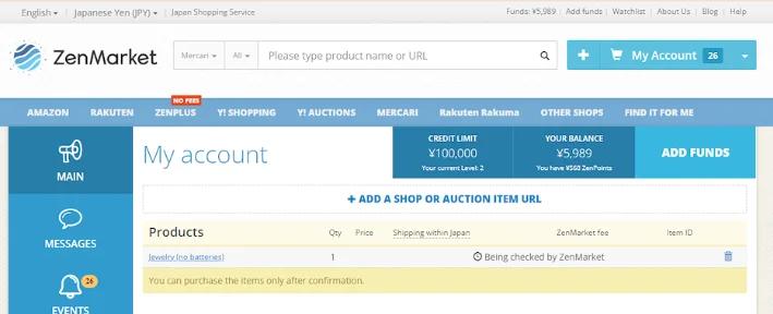 zenmarket account main screen
