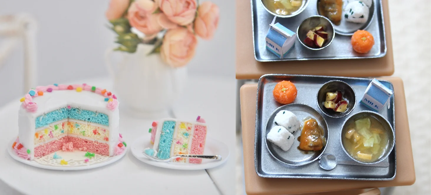 Pastel de arco&iacute;ris y almuerzo escolar en miniatura.
