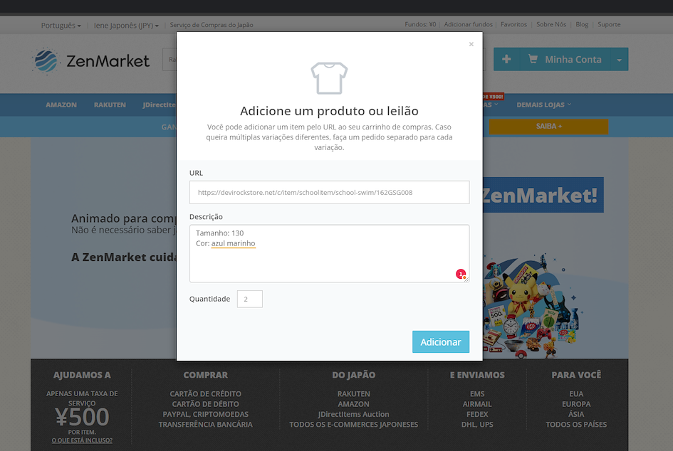 adicionando produtos no site da zenmarket