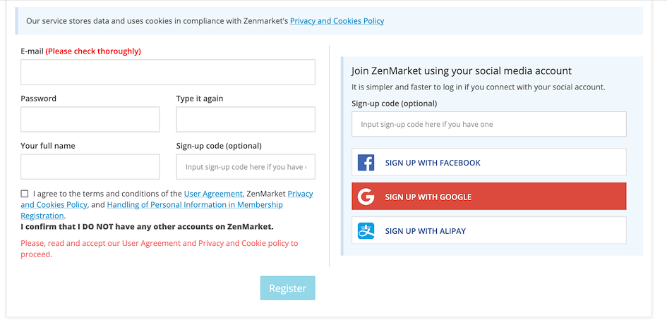 ZenMarket sign up page