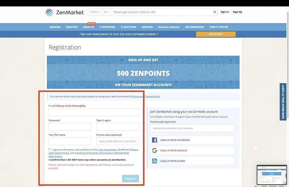 ZenMarket Registration Page