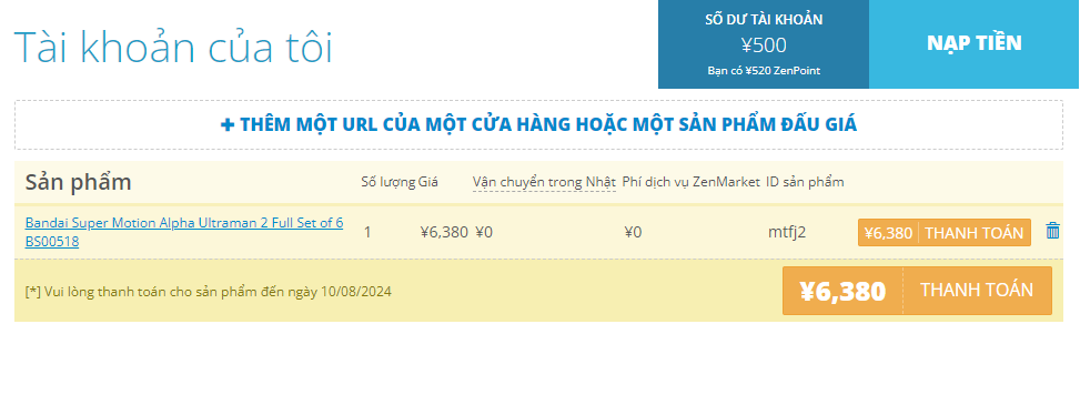 Screenshot of ZenMarket account